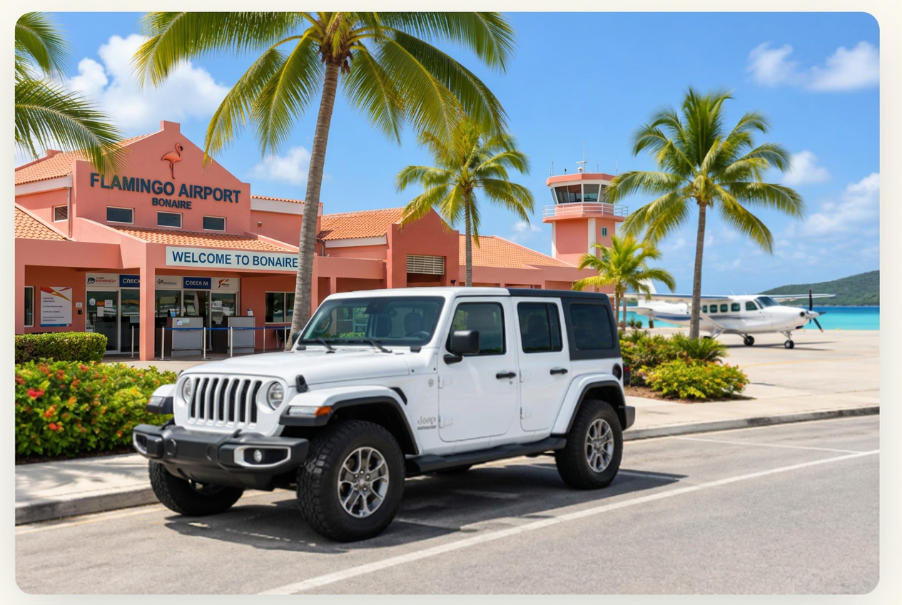 White Jeep Wrangler in front of the pink terminal of Flamingo Airport Bonaire
