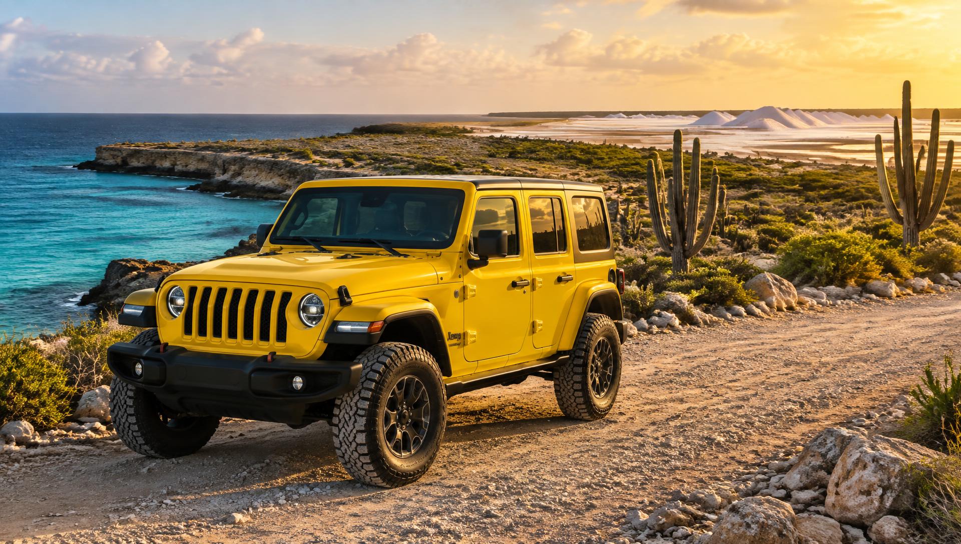 Yellow Jeep Wrangler on a coastal road on Bonaire